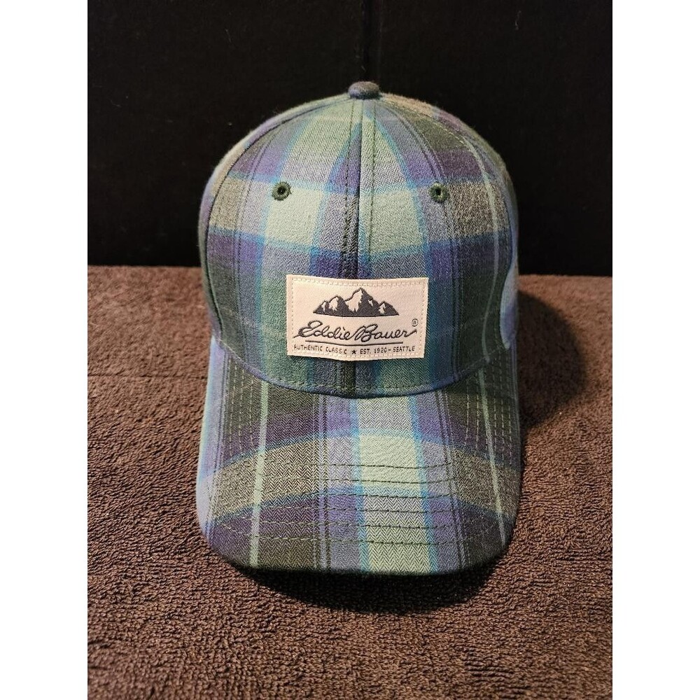 Eddie Bauer Green/Blue Flannel Leather Strap with Buckle Hat